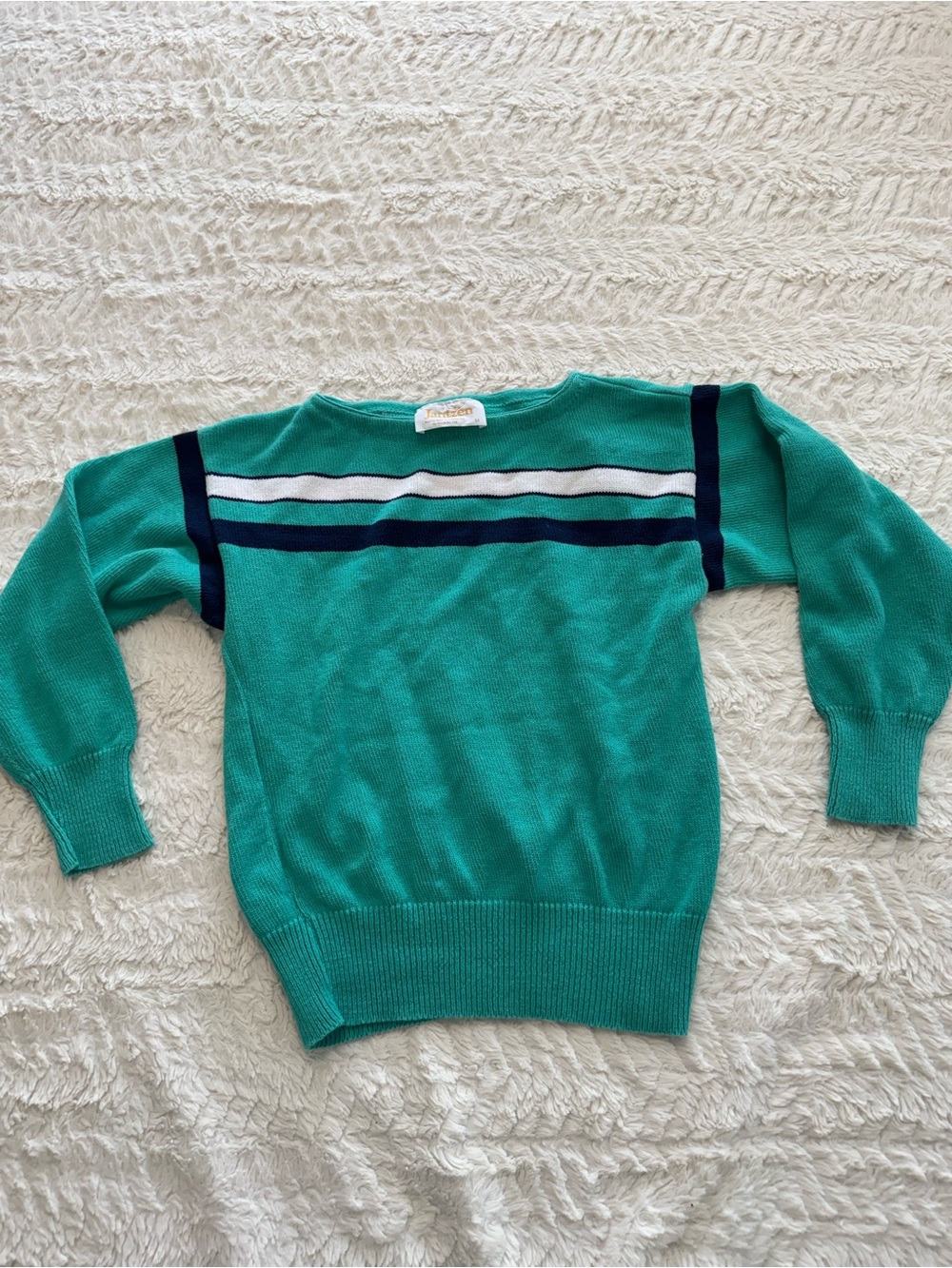 Jantzen Teal Green Striped Knit Sweater vintage 80’sSize Medium Retro Preppy
